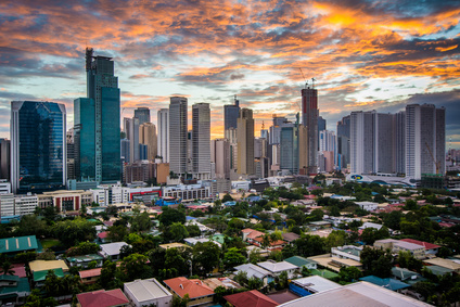 View of the skyline of Makati at sunset, in Metro Manila, The Philippines.